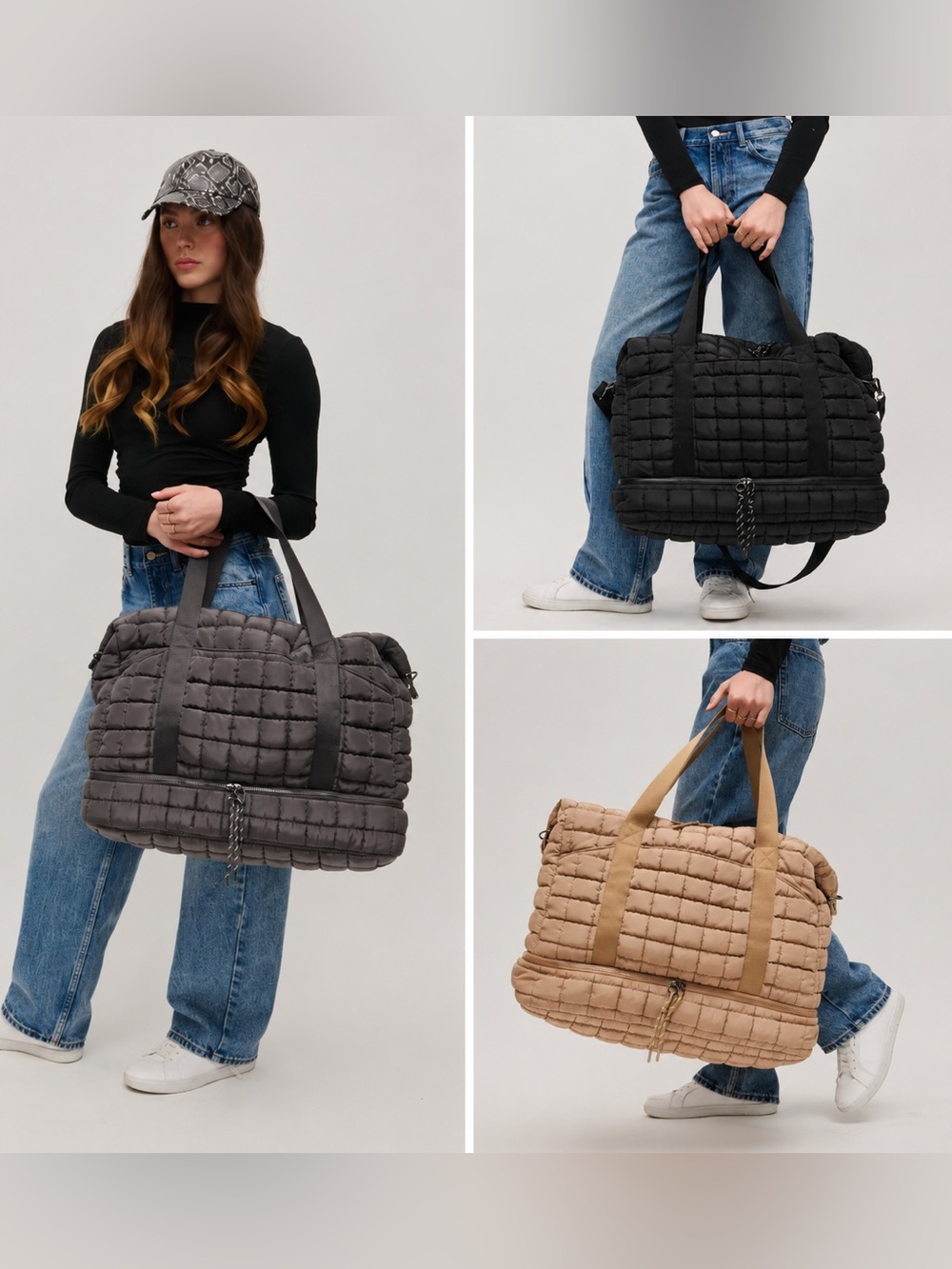 Urban Expressions Globetrotter Quilted Weekender Bag - Black, Charcoal, Tan